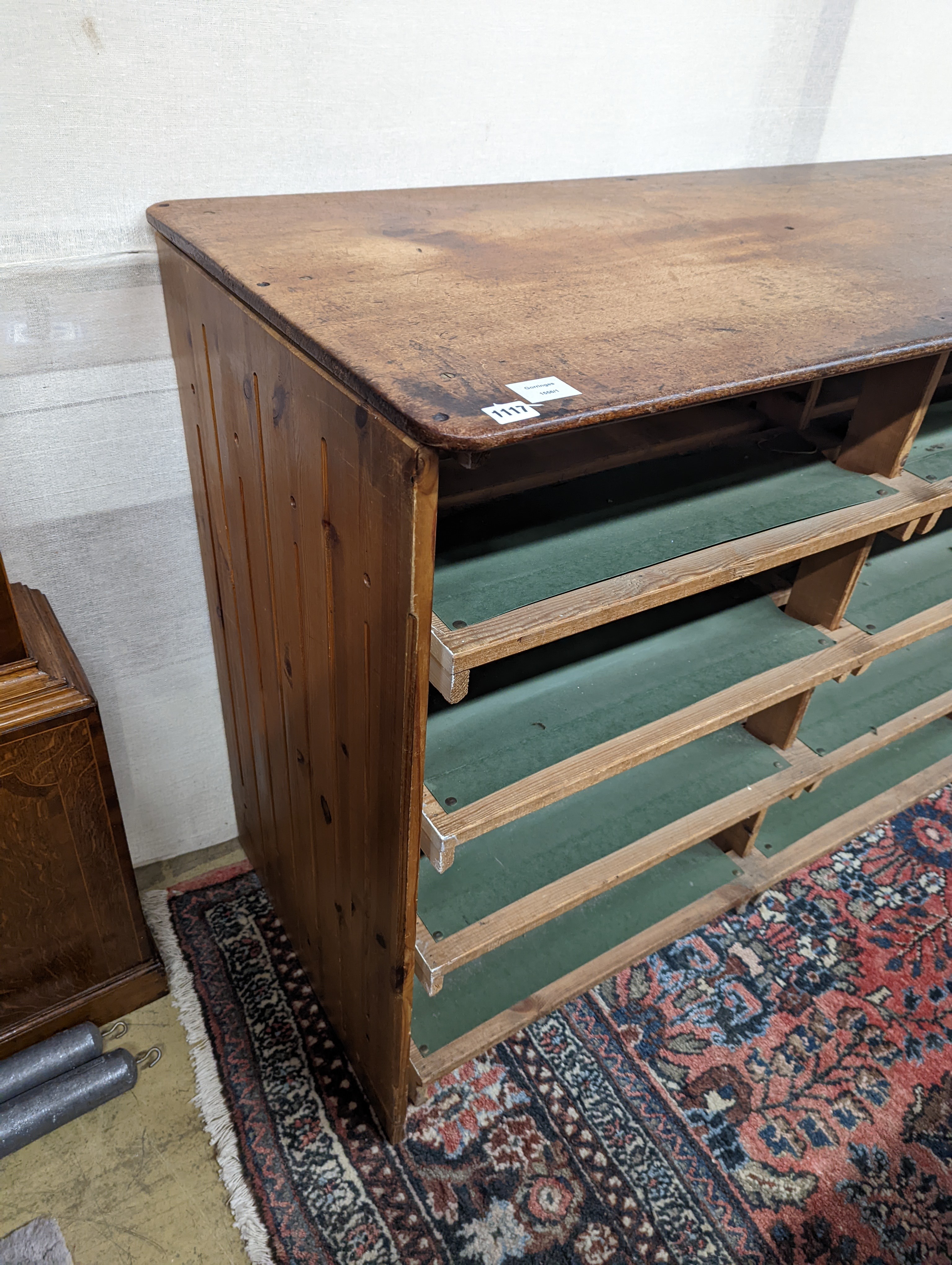 A Victorian and later mahogany and pine haberdashery cabinet, length 190cm, depth 61cm, height 95cm
